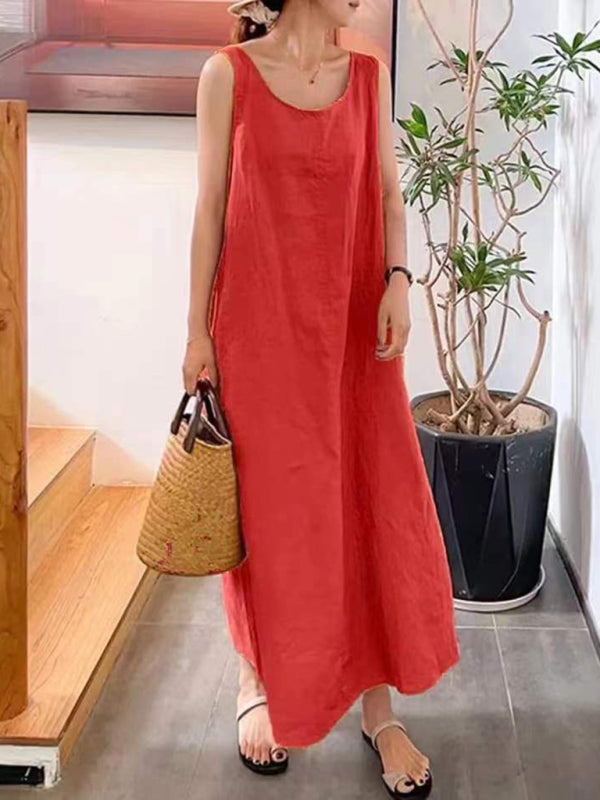 Sleeveless Maxi Dress with Pockets and Round Neck Maxi Dresses MyDresses Red 8 | S 