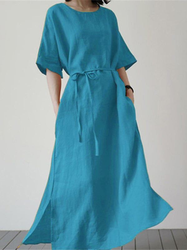 Loose Fit Cotton Linen Dress with Belt and Side Slit Maxi Dresses MyDresses Blue 8 | S 