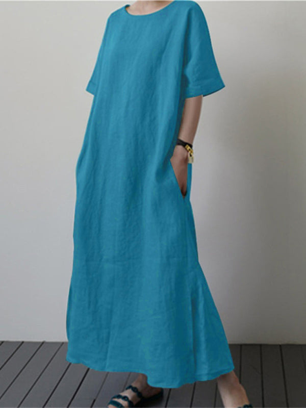 Loose Fit Cotton Linen Dress with Belt and Side Slit Maxi Dresses MyDresses 