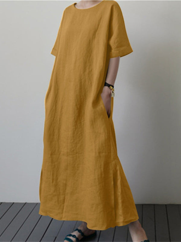 Loose Fit Cotton Linen Dress with Belt and Side Slit Maxi Dresses MyDresses 