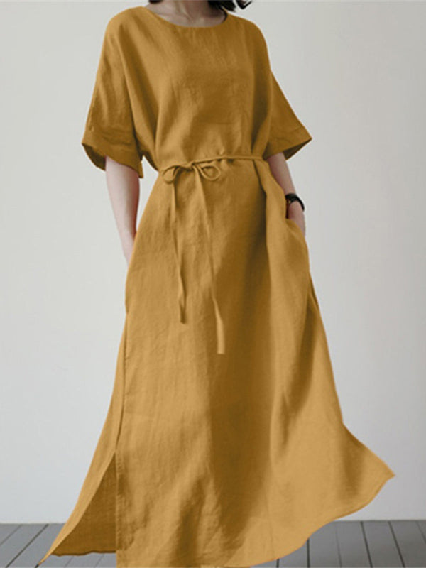 Loose Fit Cotton Linen Dress with Belt and Side Slit Maxi Dresses MyDresses Yellow 8 | S 