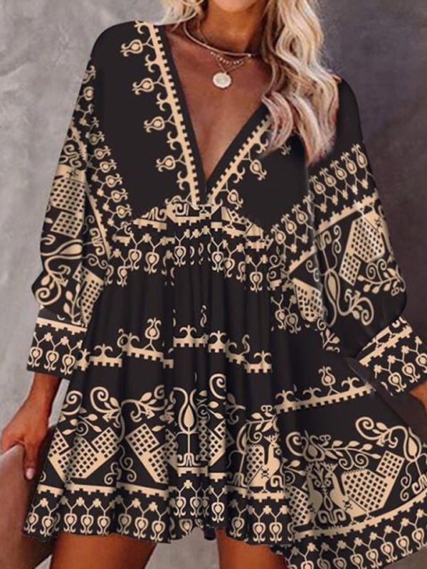 Bohemian Ethnic Style Dress with Geometric Print and V-Neck Mini Dresses MyDresses Black 8 | S 