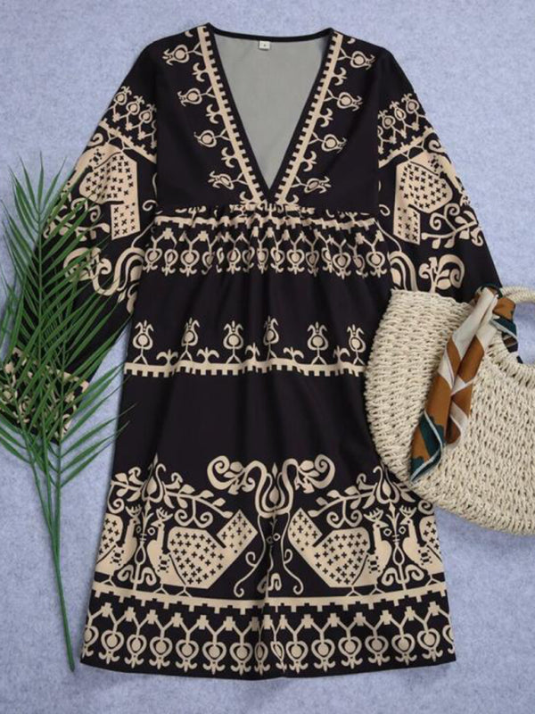 Bohemian Ethnic Style Dress with Geometric Print and V-Neck Mini Dresses MyDresses 