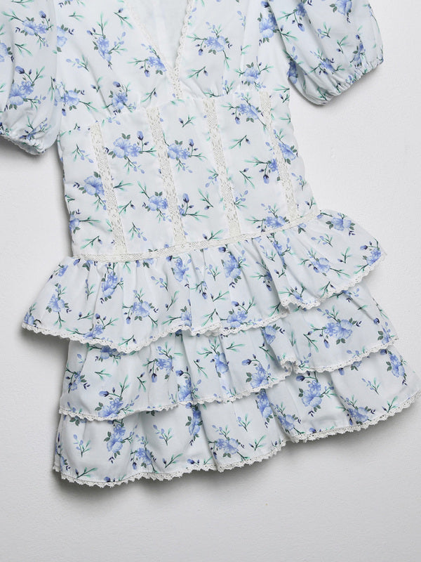 Floral Print Mini Dress with Embroidery and Tiered Skirt Mini Dresses MyDresses 
