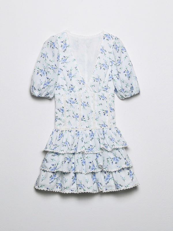 Floral Print Mini Dress with Embroidery and Tiered Skirt Mini Dresses MyDresses White 6 | XS 