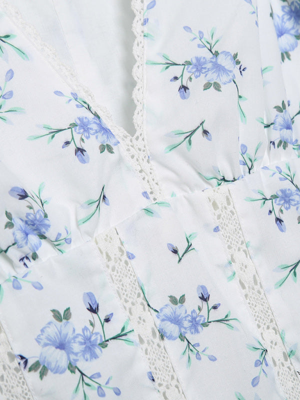 Floral Print Mini Dress with Embroidery and Tiered Skirt Mini Dresses MyDresses 