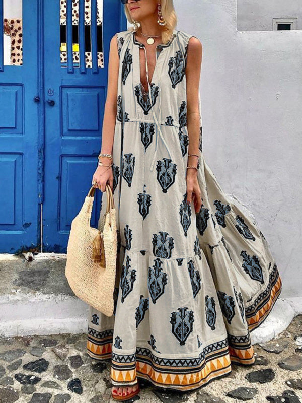 Bohemian Maxi Dress with Geometric Print and Tiered Skirt Maxi Dresses MyDresses White 8 | S 