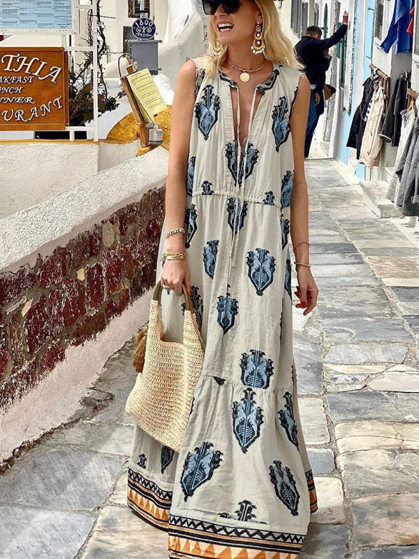 Bohemian Maxi Dress with Geometric Print and Tiered Skirt Maxi Dresses MyDresses 