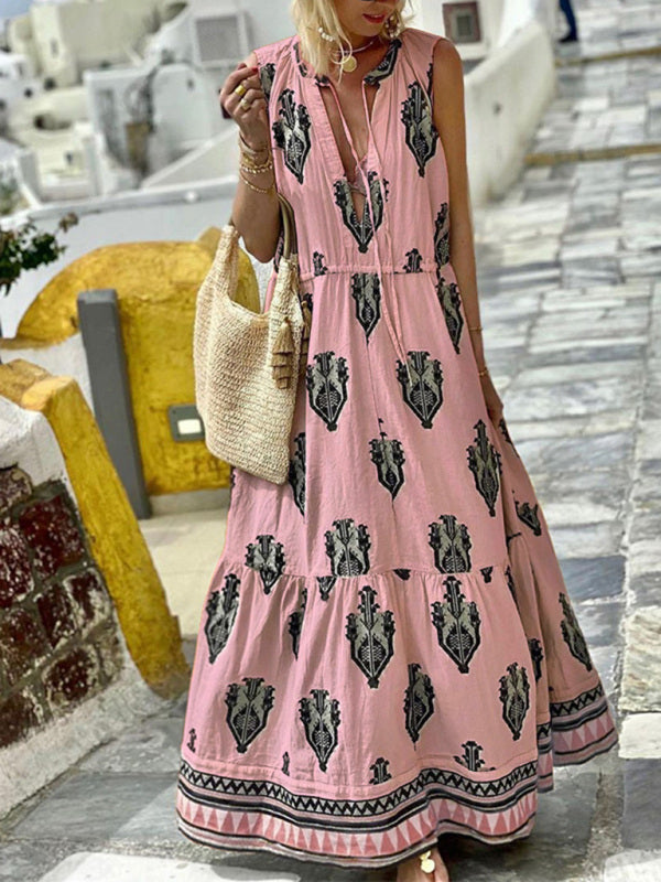 Bohemian Maxi Dress with Geometric Print and Tiered Skirt Maxi Dresses MyDresses Pink 8 | S 