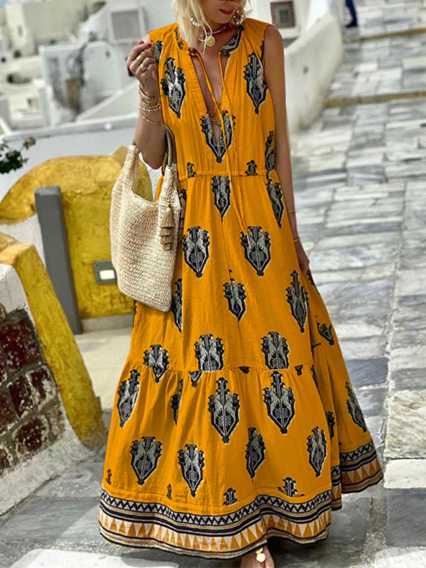 Bohemian Maxi Dress with Geometric Print and Tiered Skirt Maxi Dresses MyDresses Yellow 8 | S 