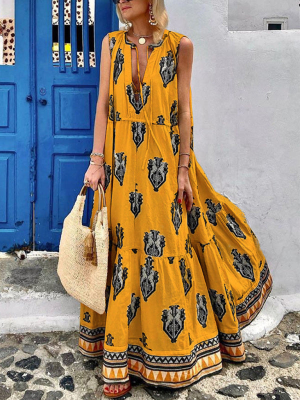 Bohemian Maxi Dress with Geometric Print and Tiered Skirt Maxi Dresses MyDresses 