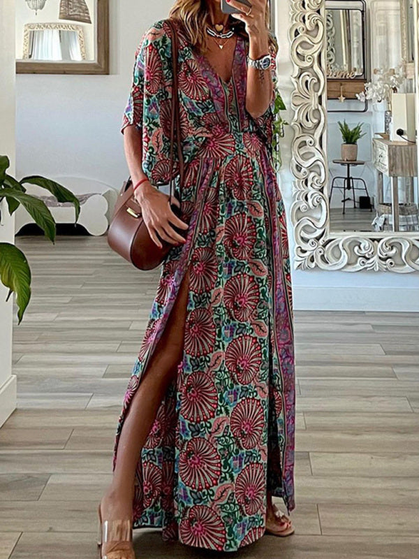 Bohemian Floral Print Maxi Dress with V-Neck and High Slit Maxi Dresses MyDresses Purple 8 | S 
