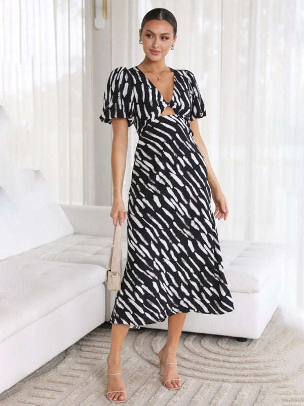 V-Neck Midi Dress with Puff Sleeves and Abstract Print Midi Dresses MyDresses Blue 8 | S 