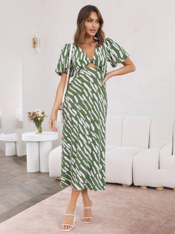 V-Neck Midi Dress with Puff Sleeves and Abstract Print Midi Dresses MyDresses Green 8 | S 