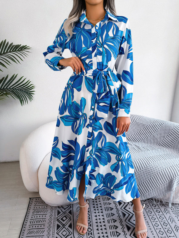 Floral Print Shirt Dress with Tie Waist and Lapel Collar Mini Dresses MyDresses 