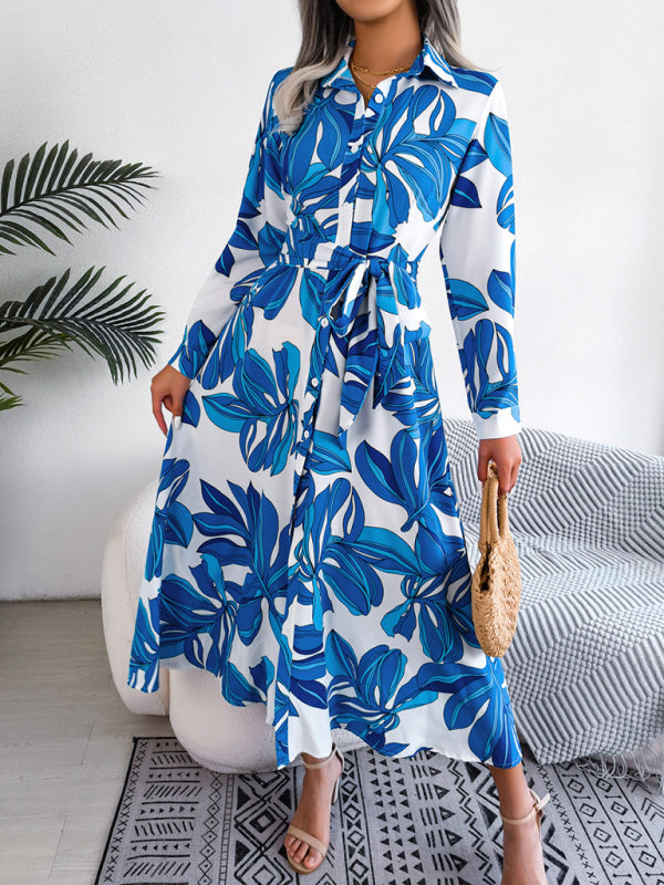 Floral Print Shirt Dress with Tie Waist and Lapel Collar Mini Dresses MyDresses 