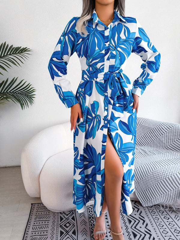Floral Print Shirt Dress with Tie Waist and Lapel Collar Mini Dresses MyDresses Blue 8 | S 