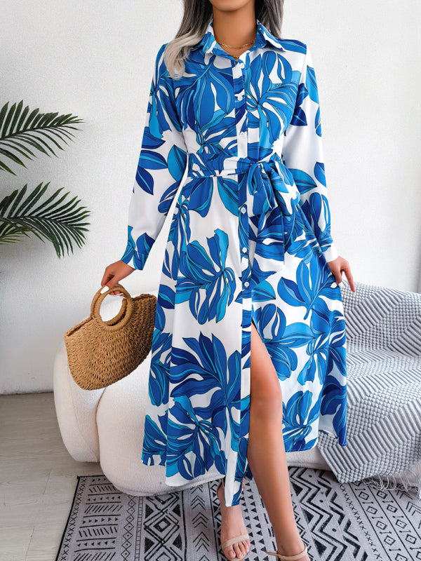 Floral Print Shirt Dress with Tie Waist and Lapel Collar Mini Dresses MyDresses 