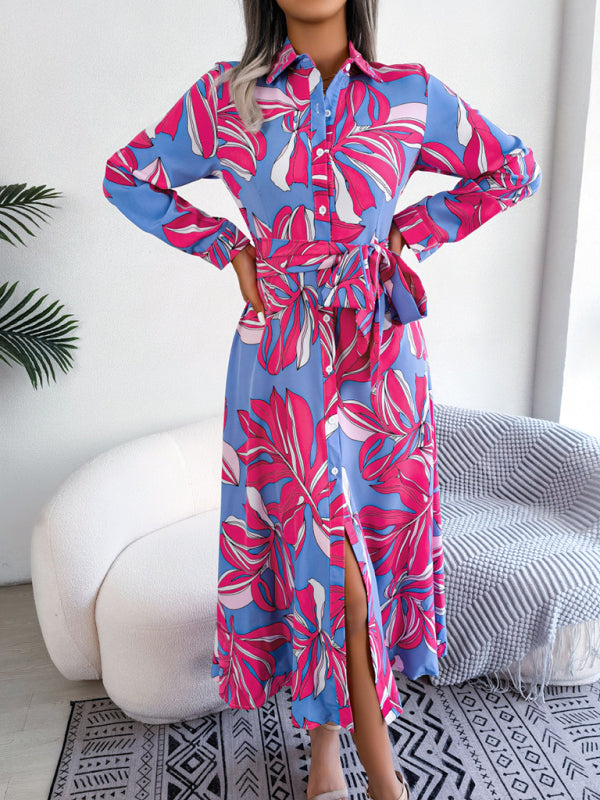 Floral Print Shirt Dress with Tie Waist and Lapel Collar Mini Dresses MyDresses 