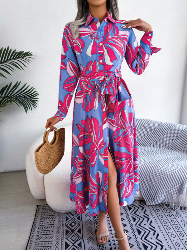 Floral Print Shirt Dress with Tie Waist and Lapel Collar Mini Dresses MyDresses 