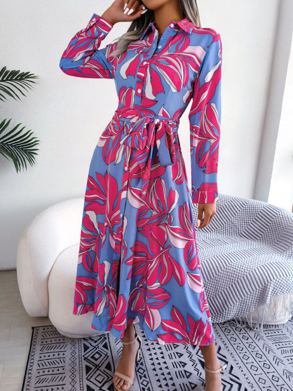 Floral Print Shirt Dress with Tie Waist and Lapel Collar Mini Dresses MyDresses 