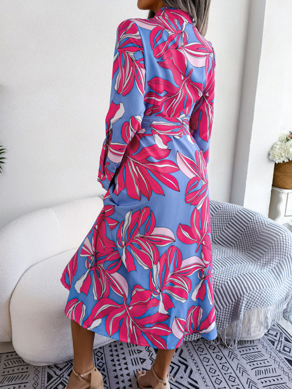 Floral Print Shirt Dress with Tie Waist and Lapel Collar Mini Dresses MyDresses 