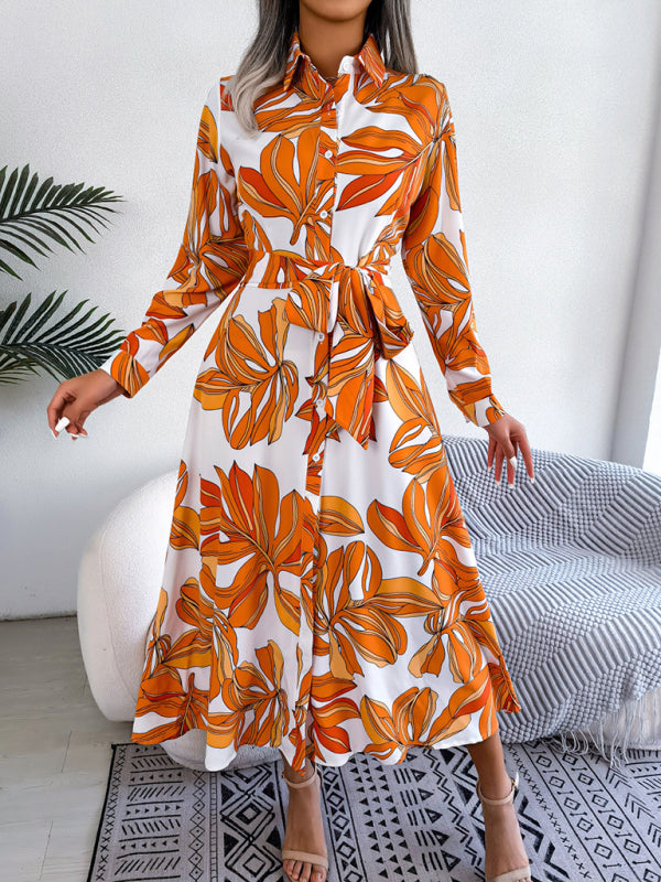 Floral Print Shirt Dress with Tie Waist and Lapel Collar Mini Dresses MyDresses 