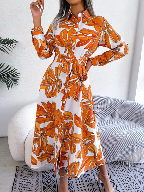Floral Print Shirt Dress with Tie Waist and Lapel Collar Mini Dresses MyDresses 