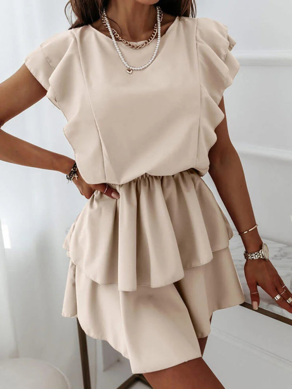 Ruffle Sleeve Double Layer Dress with Tiered Skirt Mini Dresses MyDresses Khaki 8 | S 