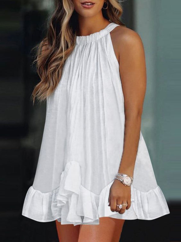 Halter Neck Mini Dress with Ruffle Hem and Pleats Mini Dresses MyDresses White 8 | S 