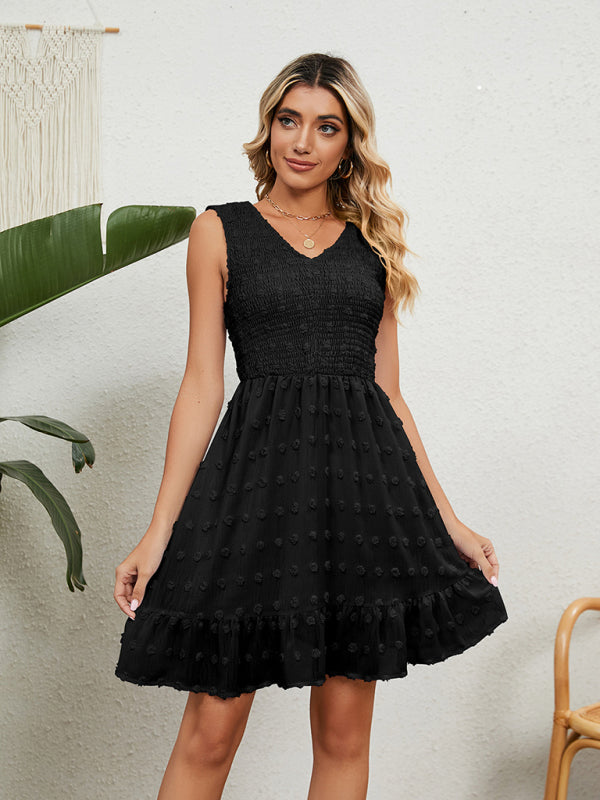 Jacquard Chiffon Sleeveless Dress with Pleated Bodice and Ruffled Hem Mini Dresses MyDresses 