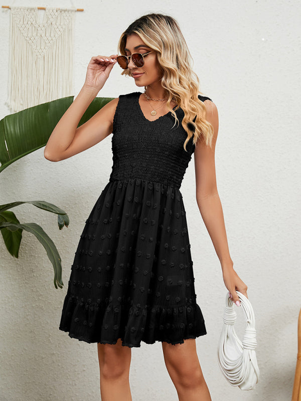 Jacquard Chiffon Sleeveless Dress with Pleated Bodice and Ruffled Hem Mini Dresses MyDresses 