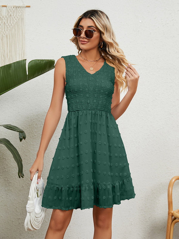 Jacquard Chiffon Sleeveless Dress with Pleated Bodice and Ruffled Hem Mini Dresses MyDresses 