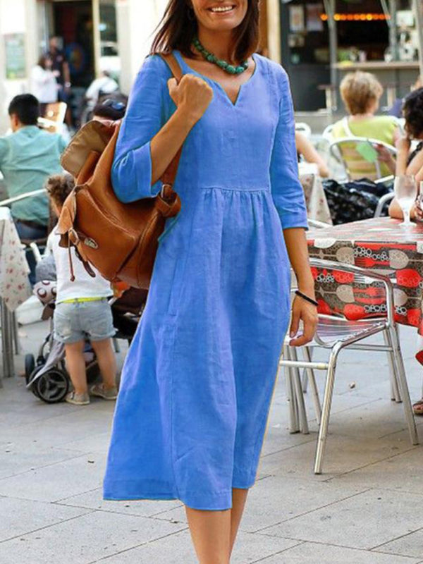 V-neck Midi Dress with Gathered Waist and Long Sleeves Midi Dresses MyDresses Blue 8 | S 