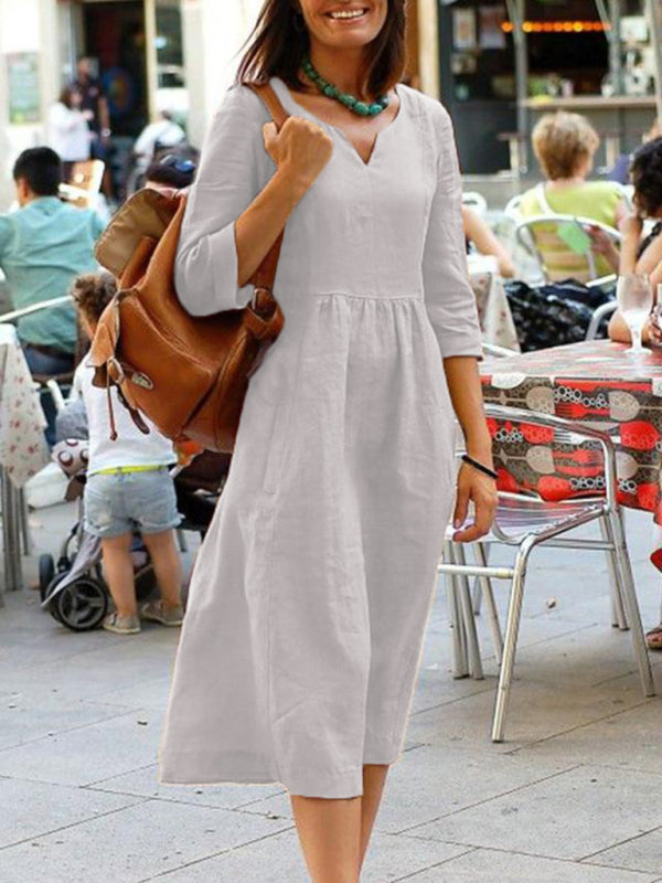V-neck Midi Dress with Gathered Waist and Long Sleeves Midi Dresses MyDresses Pink 8 | S 