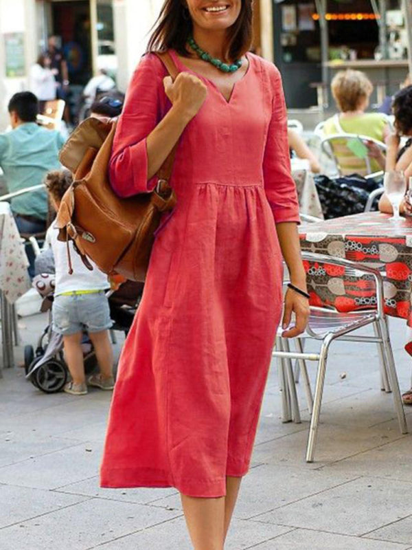 V-neck Midi Dress with Gathered Waist and Long Sleeves Midi Dresses MyDresses Red 8 | S 