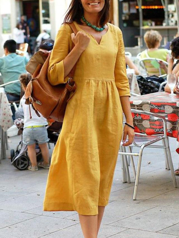 V-neck Midi Dress with Gathered Waist and Long Sleeves Midi Dresses MyDresses Yellow 8 | S 