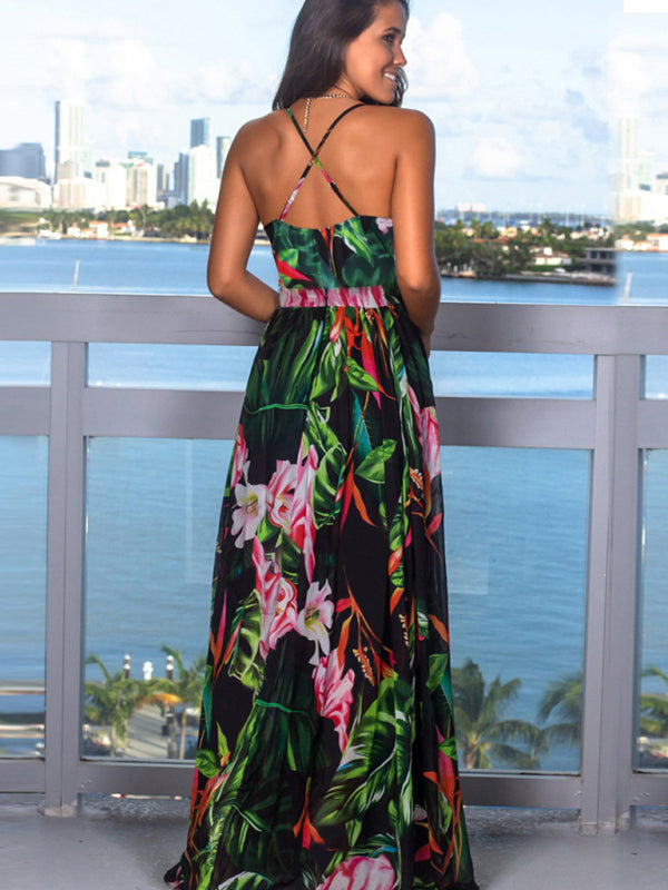 Tropical Print Maxi Dress with Wrap Design and Spaghetti Straps Maxi Dresses MyDresses 