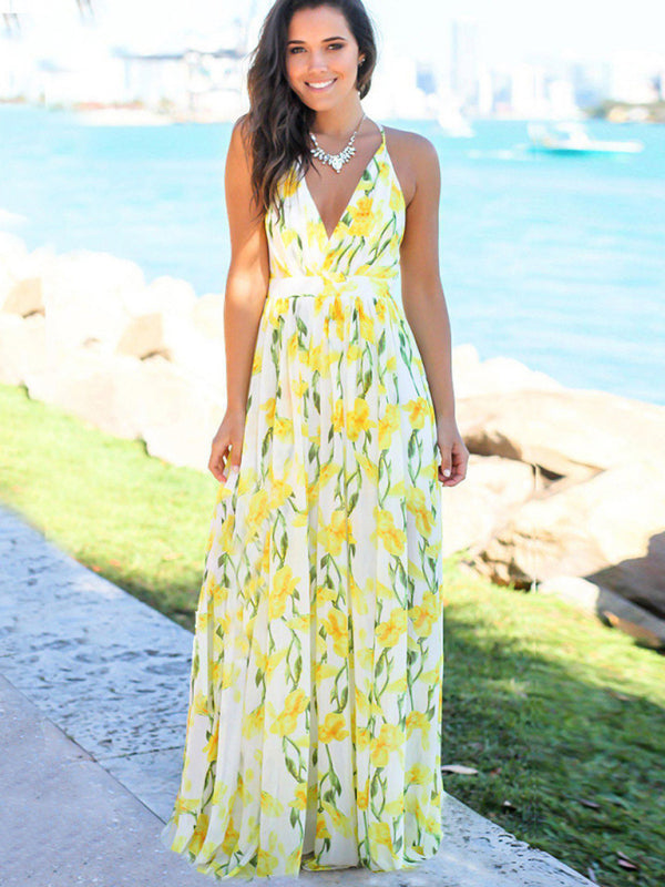 Tropical Print Maxi Dress with Wrap Design and Spaghetti Straps Maxi Dresses MyDresses Chartreuse 8 | S 