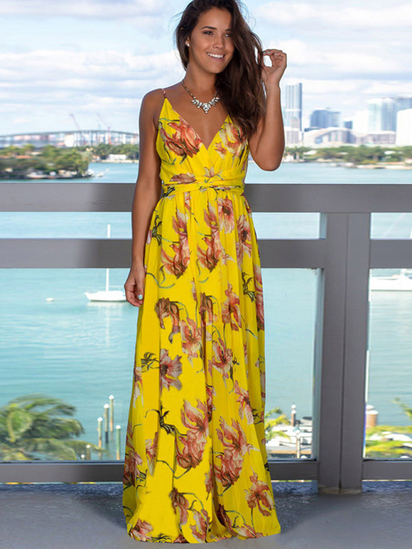 Tropical Print Maxi Dress with Wrap Design and Spaghetti Straps Maxi Dresses MyDresses 