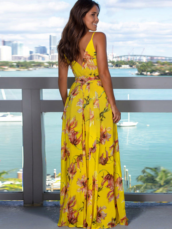 Tropical Print Maxi Dress with Wrap Design and Spaghetti Straps Maxi Dresses MyDresses 