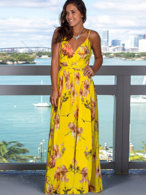 Tropical Print Maxi Dress with Wrap Design and Spaghetti Straps Maxi Dresses MyDresses Golden yellow 8 | S 