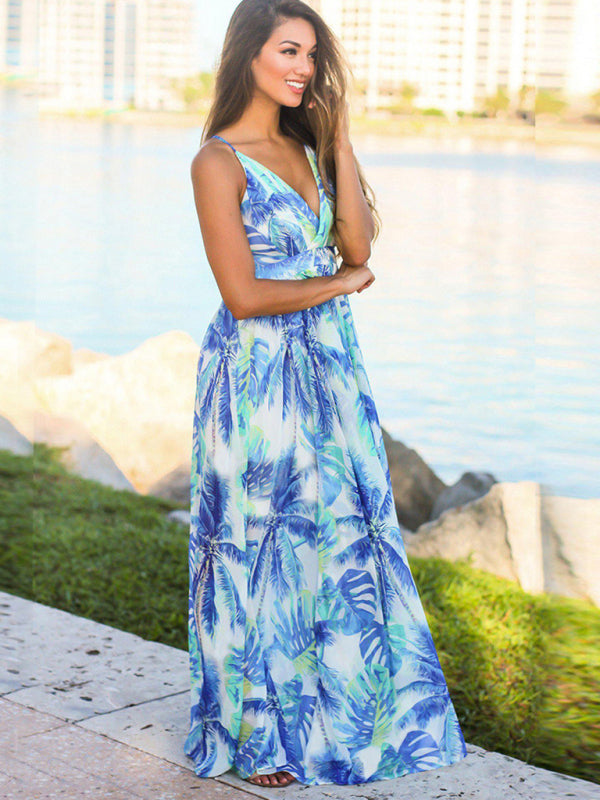 Tropical Print Maxi Dress with Wrap Design and Spaghetti Straps Maxi Dresses MyDresses 