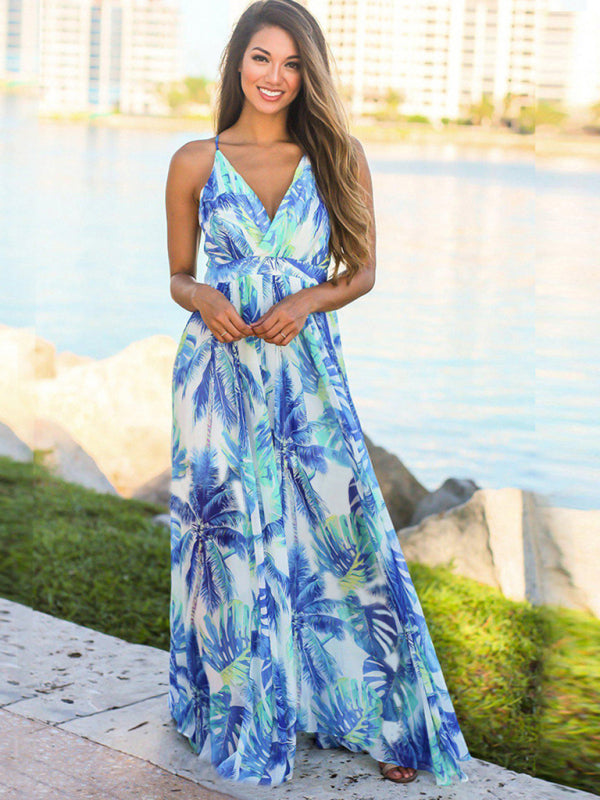 Tropical Print Maxi Dress with Wrap Design and Spaghetti Straps Maxi Dresses MyDresses Clear blue 8 | S 