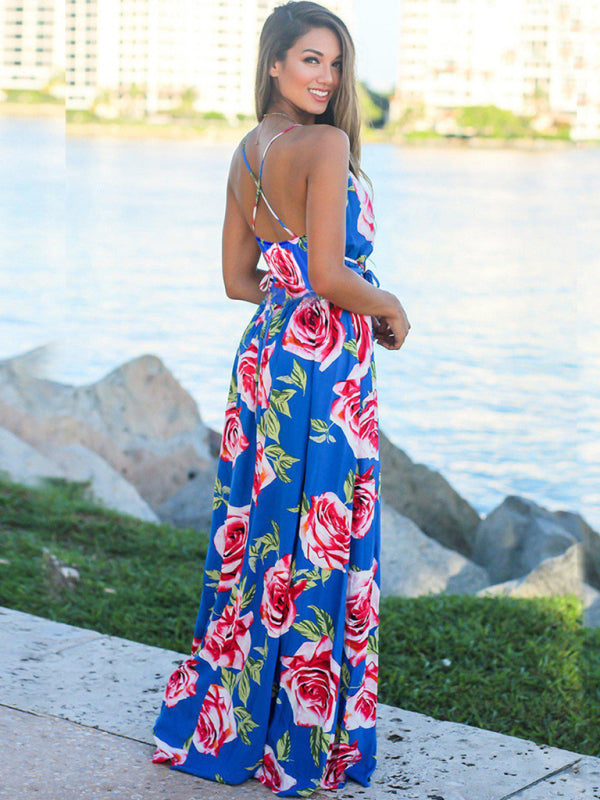 Tropical Print Maxi Dress with Wrap Design and Spaghetti Straps Maxi Dresses MyDresses 