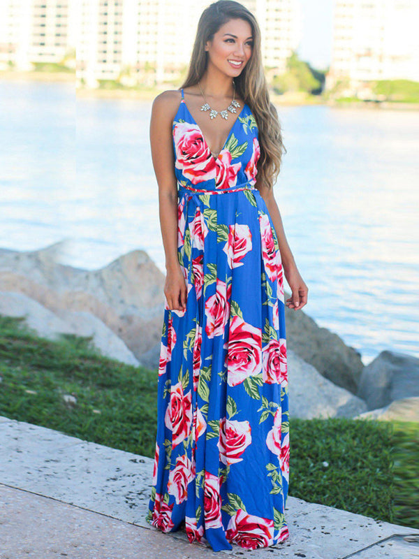 Tropical Print Maxi Dress with Wrap Design and Spaghetti Straps Maxi Dresses MyDresses Royal Blue 8 | S 