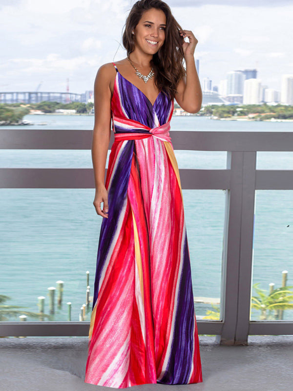 Tropical Print Maxi Dress with Wrap Design and Spaghetti Straps Maxi Dresses MyDresses Rose viole 8 | S 