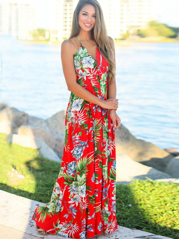 Tropical Print Maxi Dress with Wrap Design and Spaghetti Straps Maxi Dresses MyDresses 