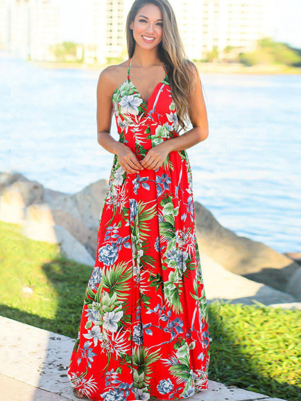 Tropical Print Maxi Dress with Wrap Design and Spaghetti Straps Maxi Dresses MyDresses Red 8 | S 