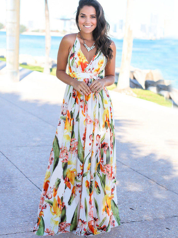Tropical Print Maxi Dress with Wrap Design and Spaghetti Straps Maxi Dresses MyDresses White 8 | S 